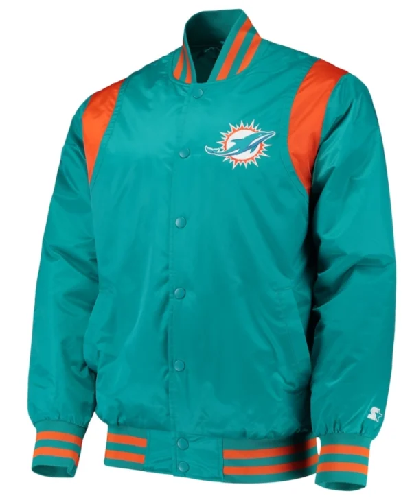 Miami Dolphins Prime Time Full-Snap Aqua Satin Varsity Jacket