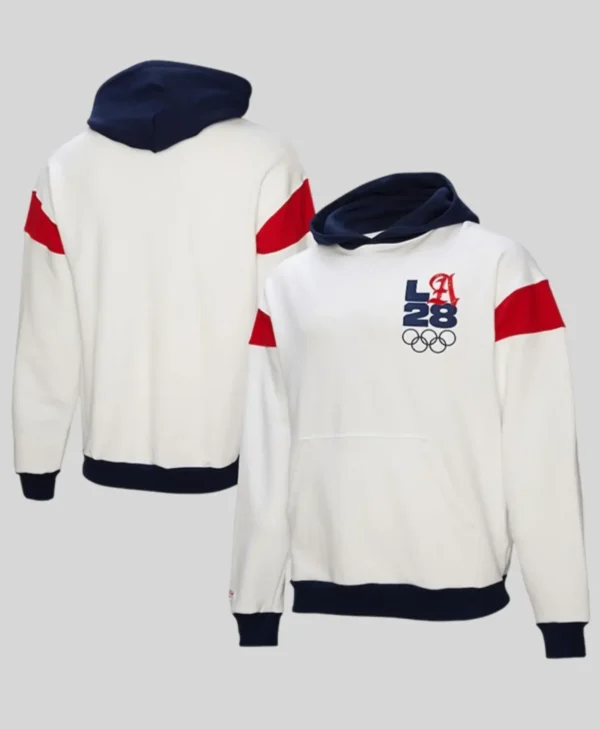 Mitchell & Ness White LA28 French Terry Hoodie front back