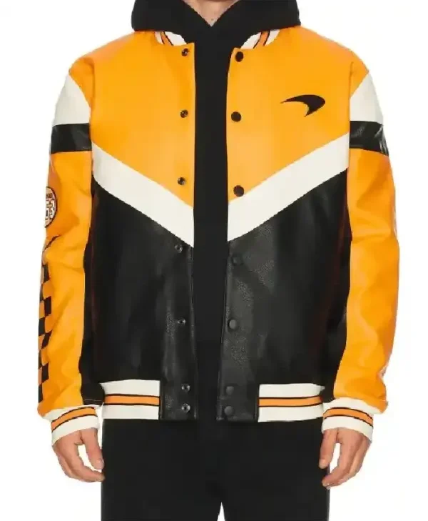 Orange McLaren Formula 1 Leather Black Varsity Jacket