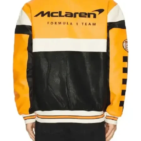 Orange McLaren Formula 1 Leather Black Varsity Jacket back