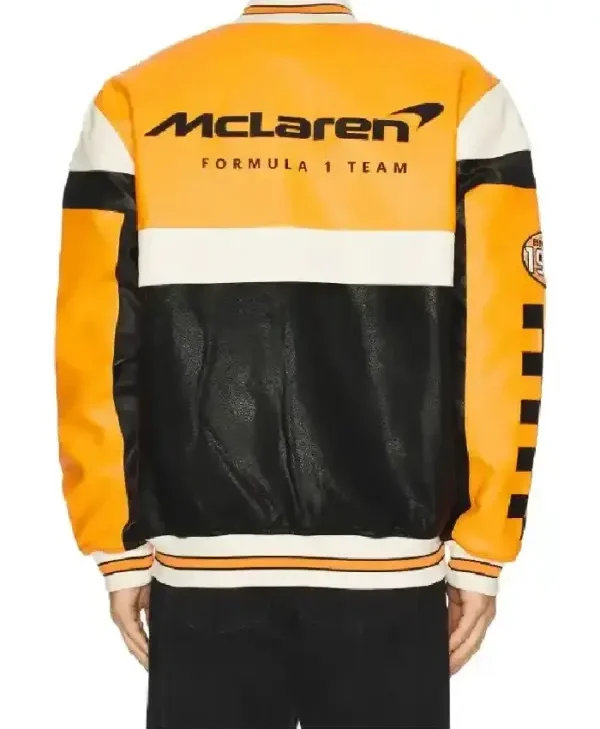 Orange McLaren Formula 1 Leather Black Varsity Jacket back
