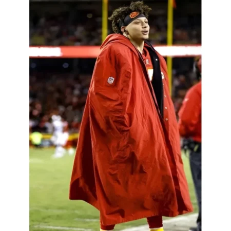 Patrick Mahomes Chiefs Sideline Cape Red Coat side pose