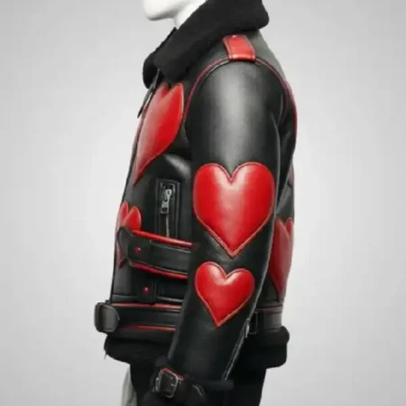 Red Heart Black Leather Shearling Jacket side pose