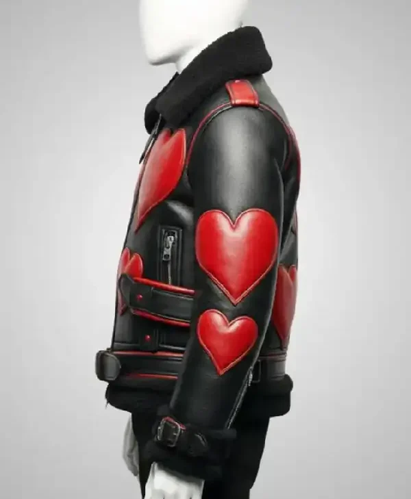 Red Heart Black Leather Shearling Jacket side pose