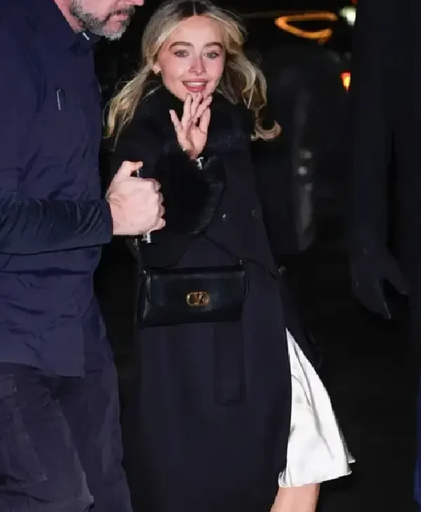 Sabrina Carpenter SNL 2026 Black Wool Coat front