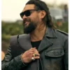 The Wrecking Crew 2026 Jason Momoa Leather Jacket side pose