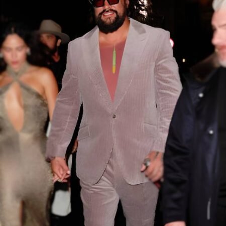 The Wrecking Crew 2026 Jason Momoa Purple Corduroy Suit