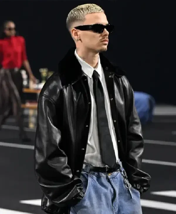 Willy Chavarria Show Romeo Beckham Leather Jacket front