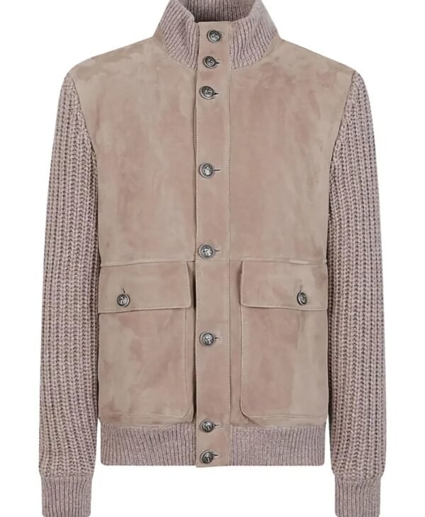 Women’s Taupe Suede Jacket with Knitted Sleeves