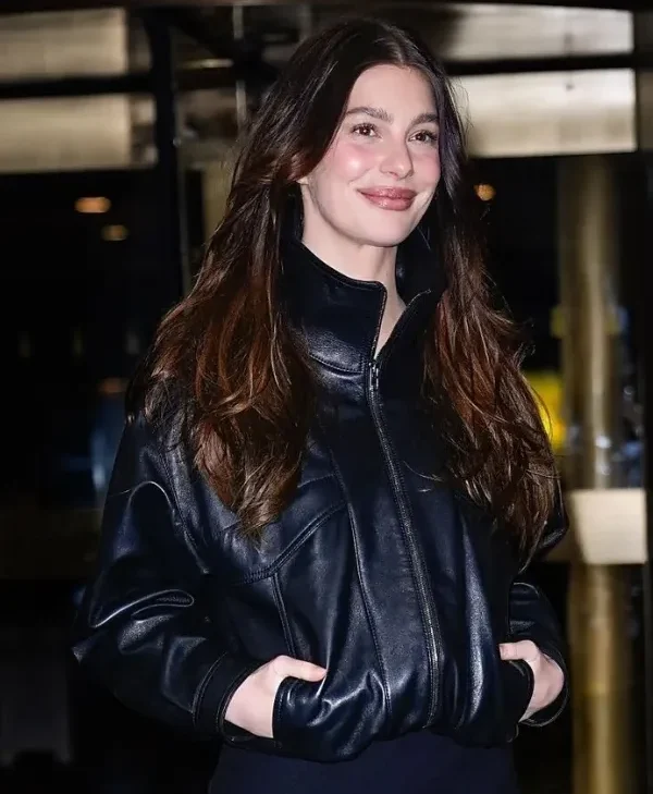 Camila Morrone NYC 2026 Leather Jacket front