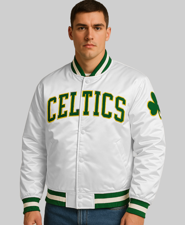 Celtics White Satin Bomber Jacket