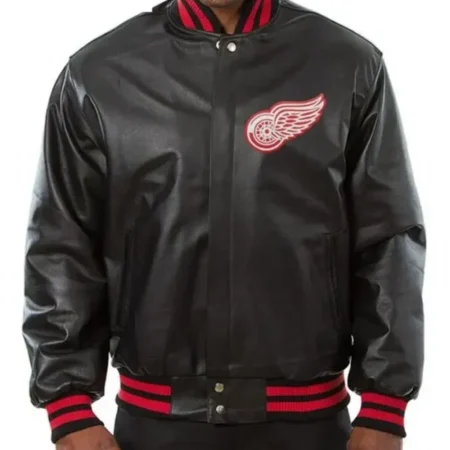 Detroit Red Wings Black Leather Bomber Jacket