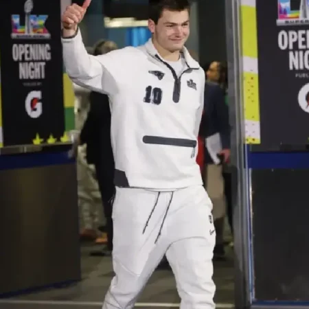 Drake Maye New England Patriots Super Bowl LX Opening Night Tech Fleece Sweatshirt front