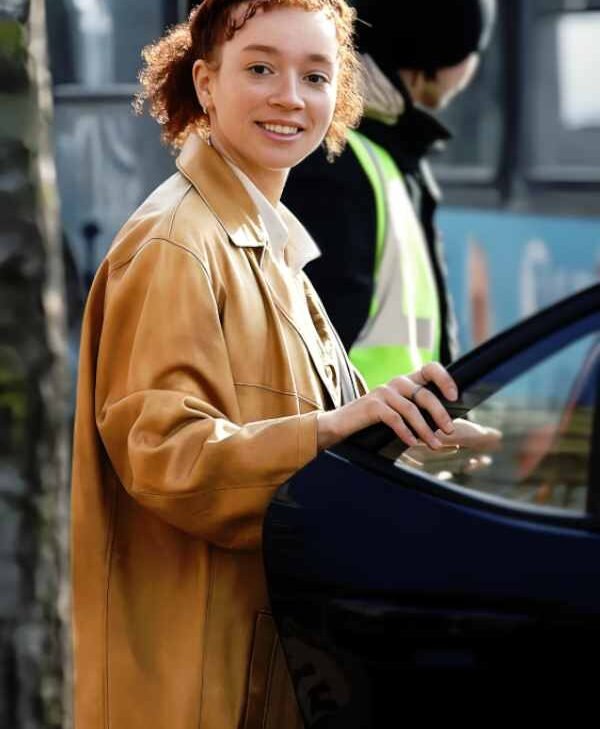 Eleanor the Great 2025 Erin Kellyman Camel Brown Leather Coat
