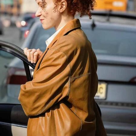 Eleanor the Great 2025 Erin Kellyman Camel Brown Leather Coat for sale