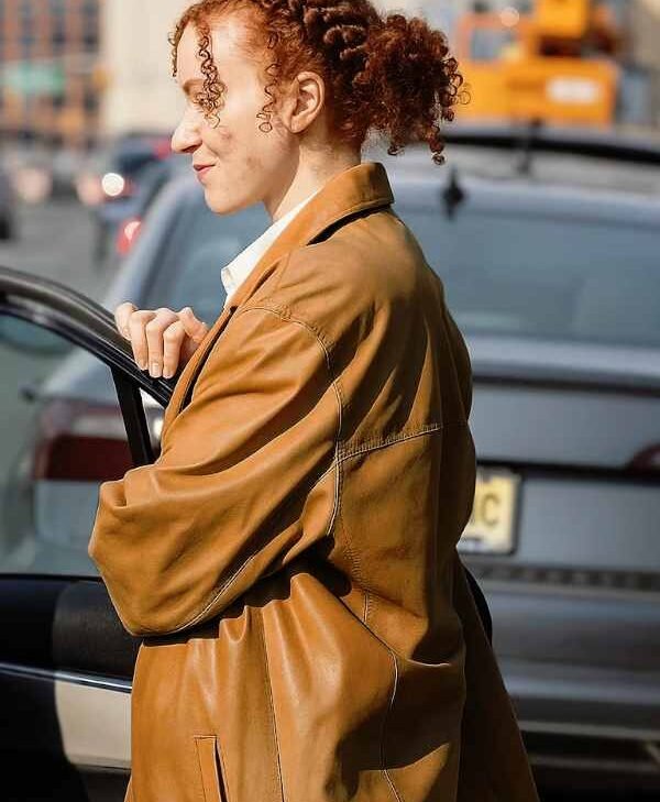 Eleanor the Great 2025 Erin Kellyman Camel Brown Leather Coat for sale