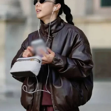 Get Yuwei Zhangzou Fashion Photo Session Bomber Leather Jacket