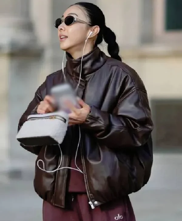 Get Yuwei Zhangzou Fashion Photo Session Bomber Leather Jacket