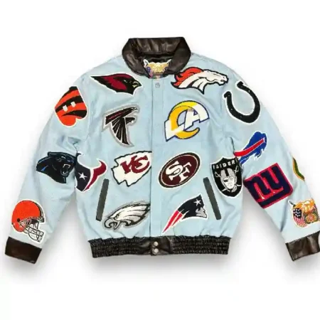 Jeff Hamilton NFL Collage Wool Blue Leather Jacket