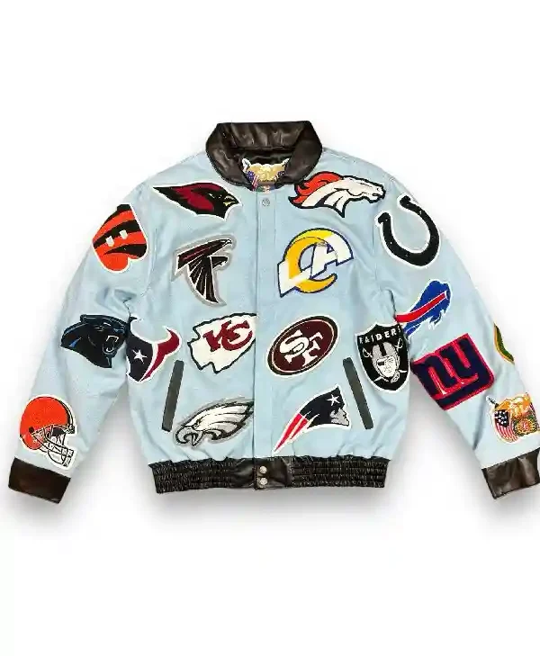 Jeff Hamilton NFL Collage Wool Blue Leather Jacket