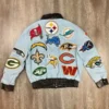 Jeff Hamilton NFL Collage Wool Blue Leather Jacket for sale