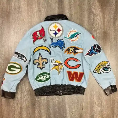 Jeff Hamilton NFL Collage Wool Blue Leather Jacket for sale