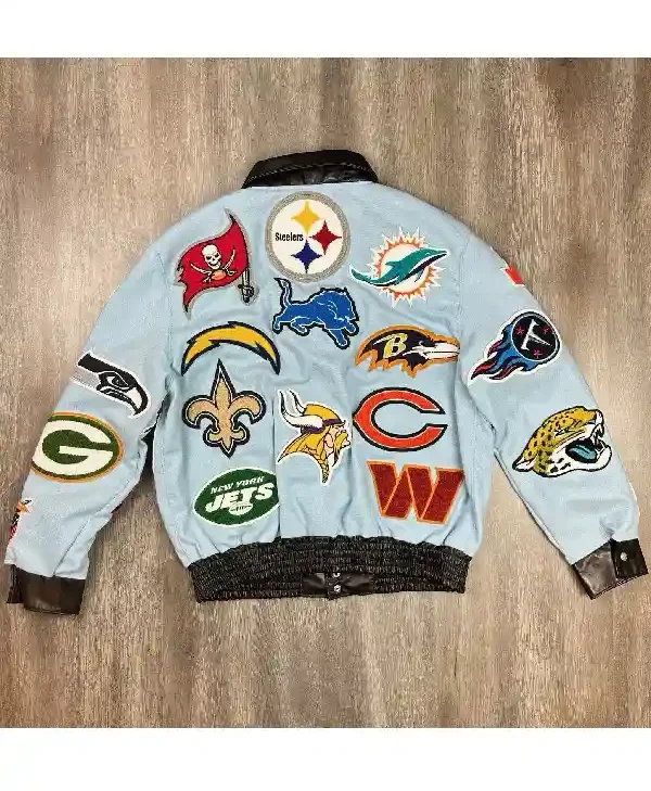 Jeff Hamilton NFL Collage Wool Blue Leather Jacket for sale
