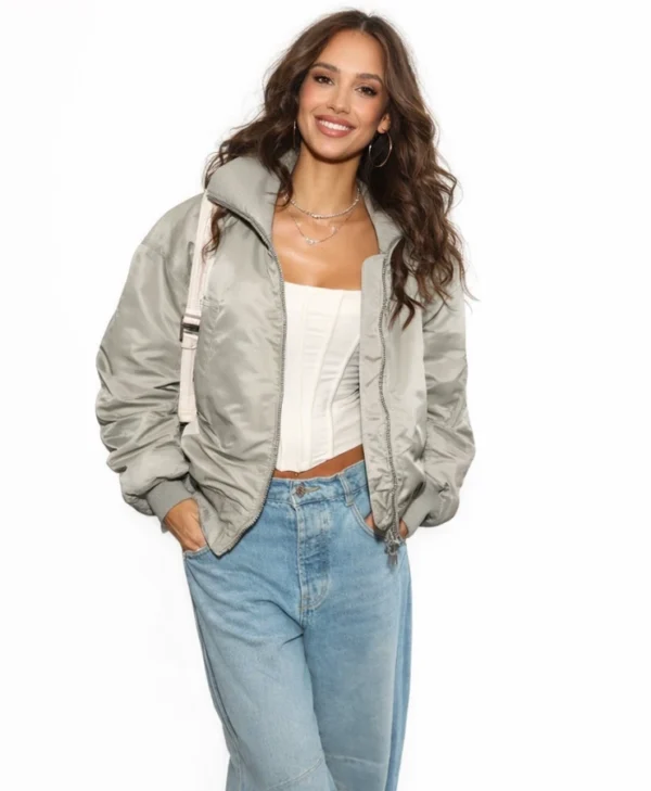 Jessica Alba Grey Bomber Jacket