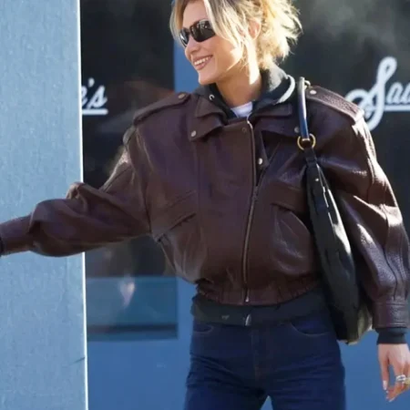 NYC 2026 Bella Hadid Brown Leather Jacket