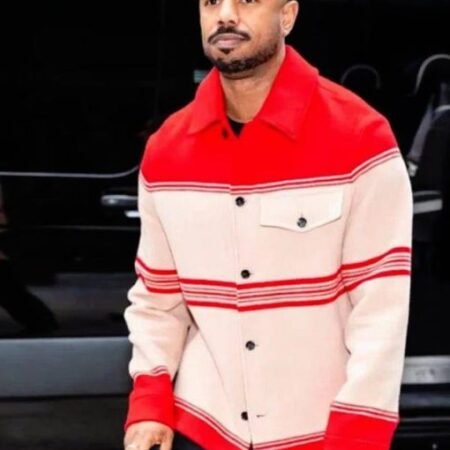 NYC 2026 Michael B. Jordan Striped Wool Jacket front
