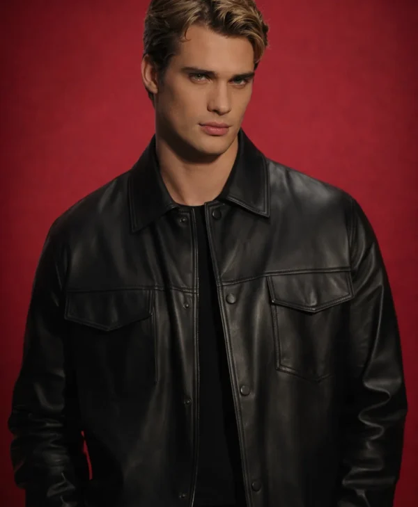 Nicholas Galitzine black leather jacket