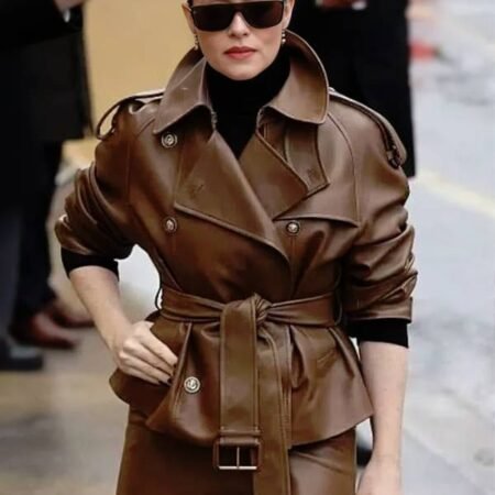 PFW 2026 Claire Foy Brown Leather Jacket