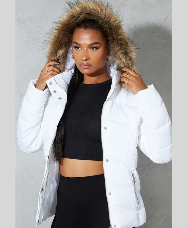Pretty Little Thing White Hooded Puffer Jacket