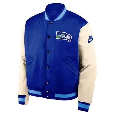 Seahawks Royal and Cream Bomber Jacket front