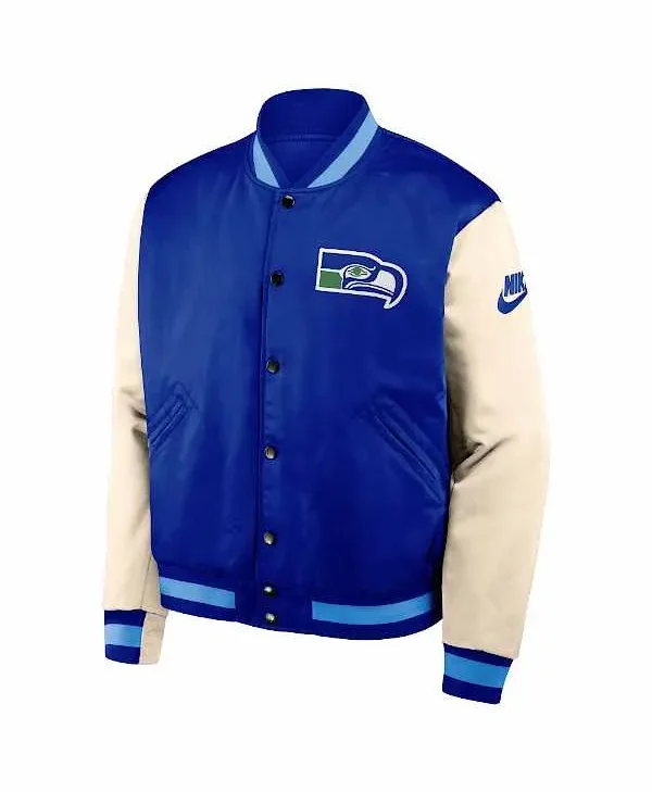 Seahawks Royal and Cream Bomber Jacket front