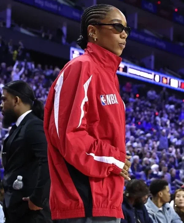 Shop NBA London Game Naomi Ackie Red Jacket