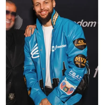 Stephen Curry blue leather jacket