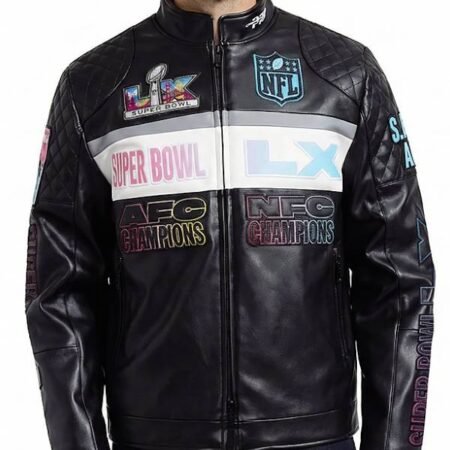 Super Bowl LX Black Moto Leather Jacket for sale