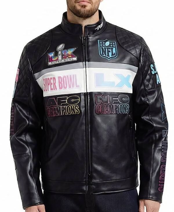 Super Bowl LX Black Moto Leather Jacket for sale