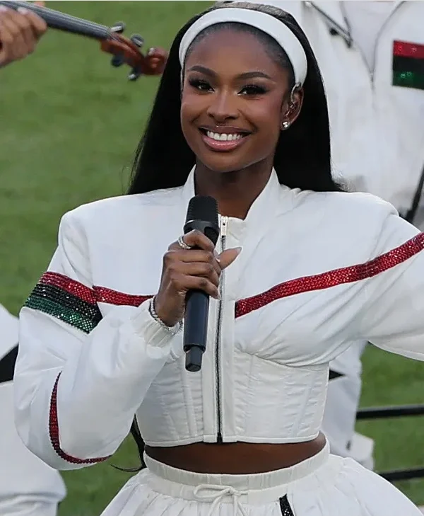 Super Bowl LX Coco Jones White Jacket