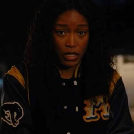 The Burbs 2026 Keke Palmer Fringe Varsity Jacket front