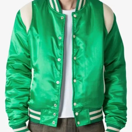Trendy Satin Green Letterman Varsity Jacket