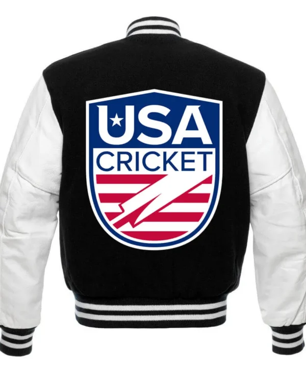 USA Cricket Team Varsity Black and White Jacket back