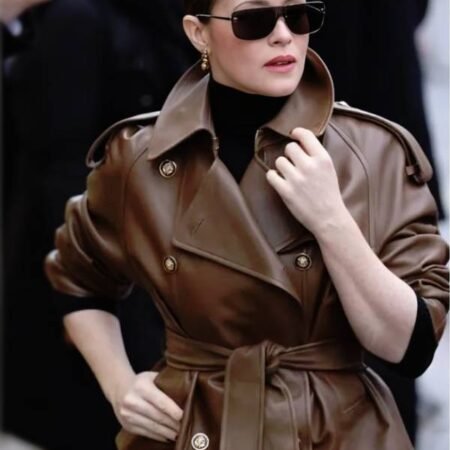 women PFW 2026 Claire Foy Brown Leather Jacket