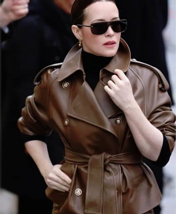 women PFW 2026 Claire Foy Brown Leather Jacket