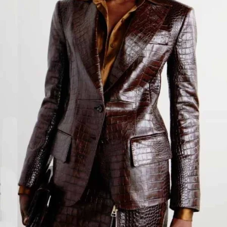 Alona Tal Croc-Effect Brown Leather Blazer
