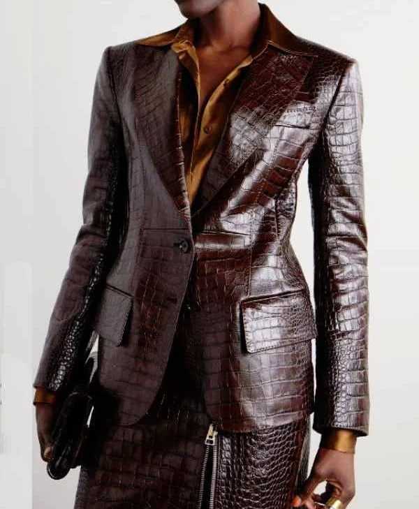 Alona Tal Croc-Effect Brown Leather Blazer