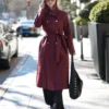 Barbara Palvin Burgundy Belted Coat