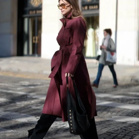 Barbara Palvin Burgundy Belted Coat for sale
