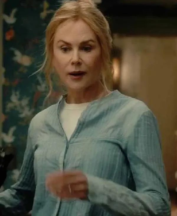 Scarpetta 2026 Nicole Kidman Blue Pleated Shirt Shop Now